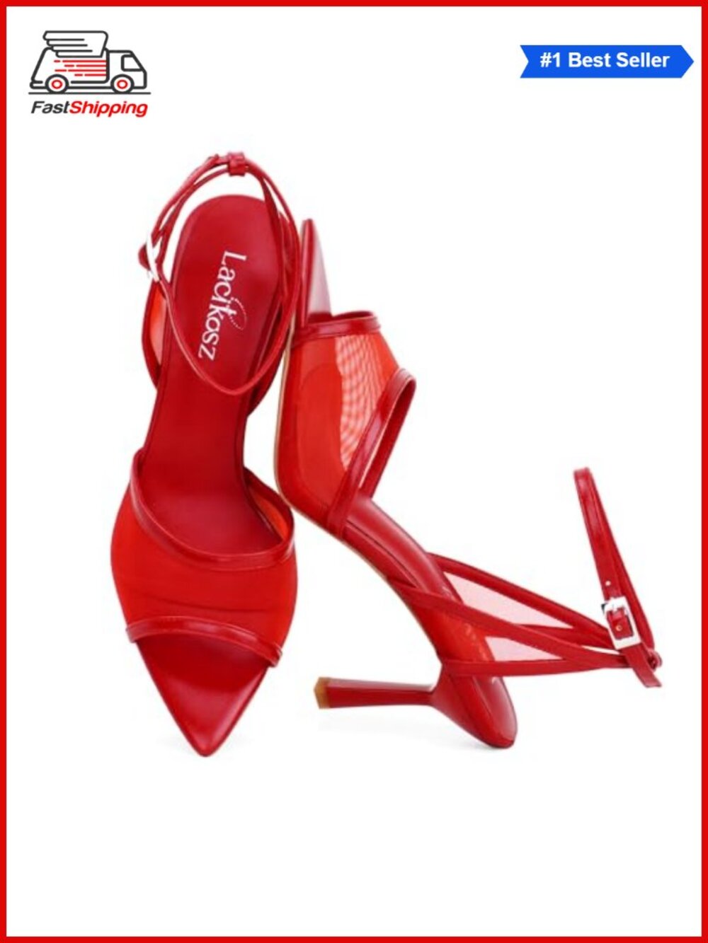 LACIKOSZ Strappy Heeled Sandals Faux Leather Mesh 3 Inch Stiletto Square Toe